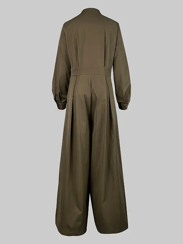 Long Sleeves Loose Buttoned No Belt V-Neck Jumpsuit