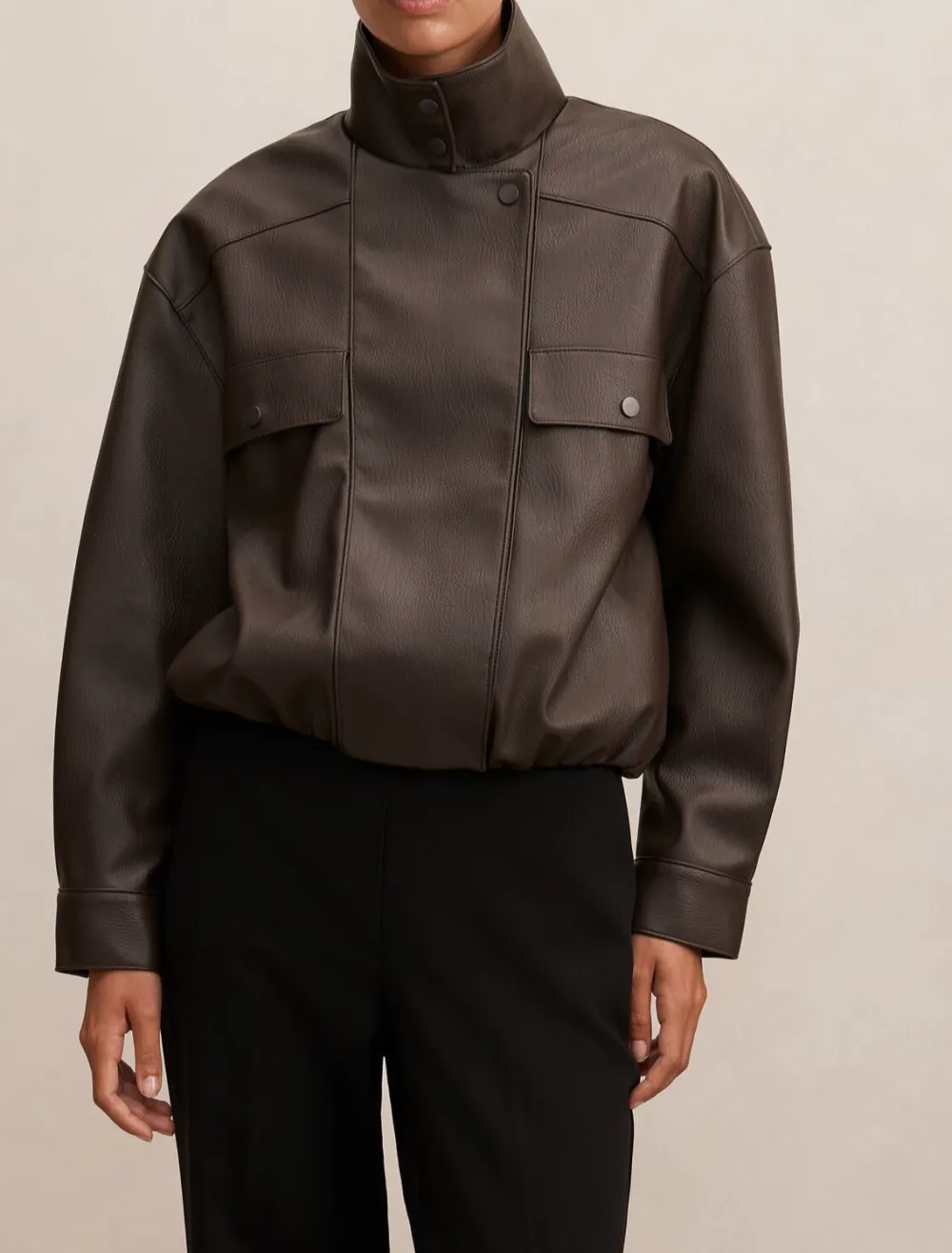 Dark Brown Oversized Faux Leather Bomber Jacket