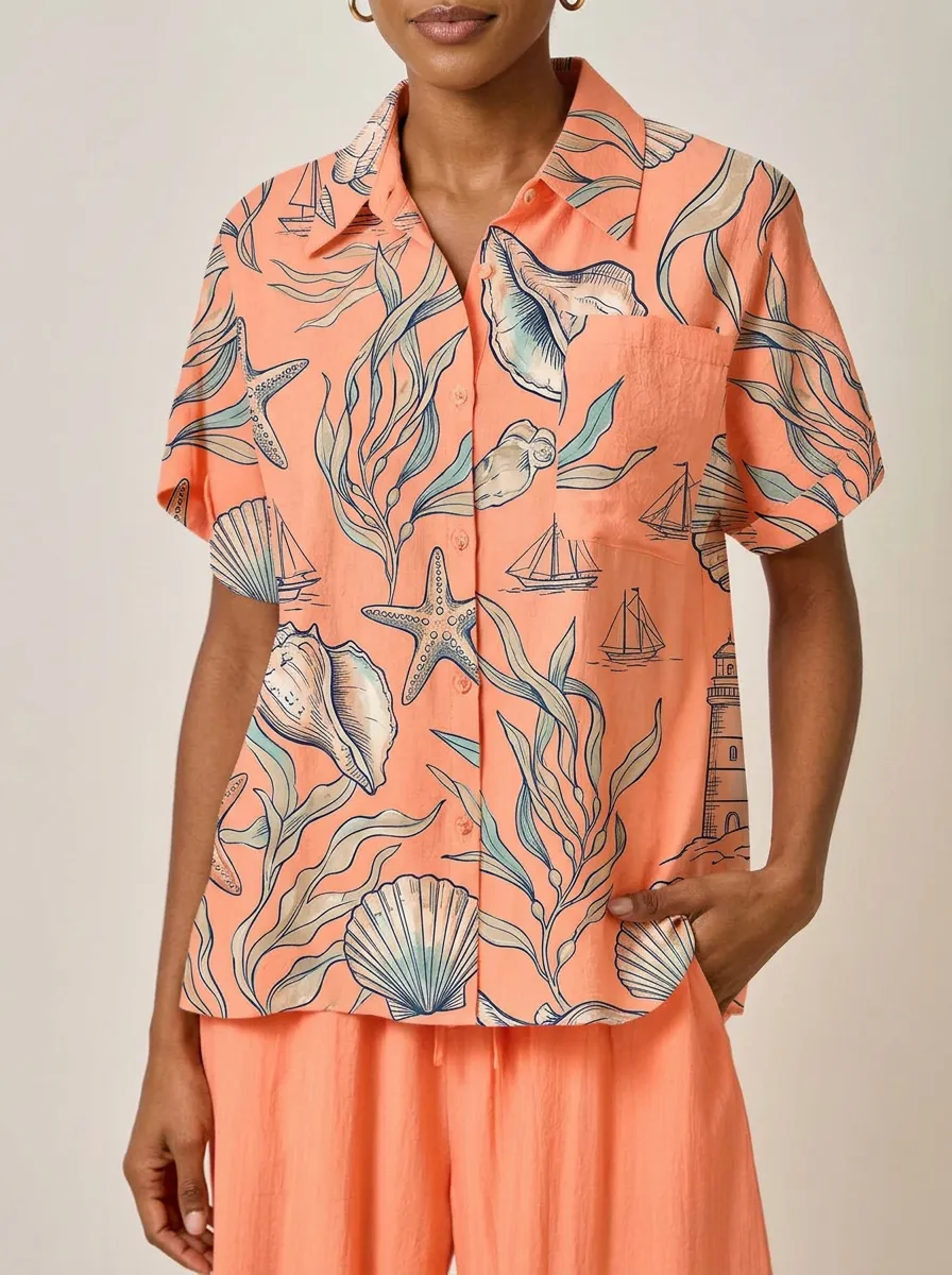 Women's Beach Lover Seashell Lighthouse Printed Shirt
