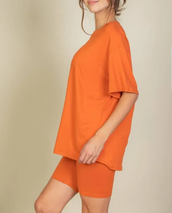 Orange Loose Fit Top and Bike Shorts Set