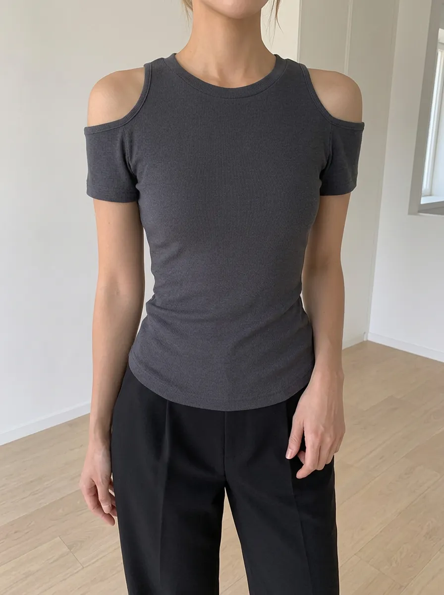 Women's Casual Solid Charcoal Cold Shoulder Ribbed Top