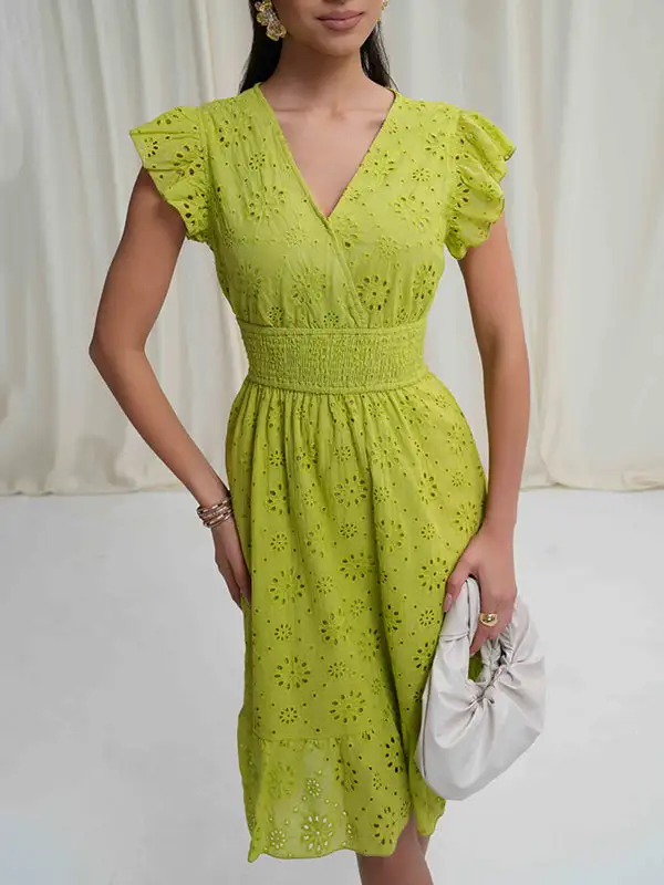 A Line Relaxed Elasticity Hollow Pleated Solid Color V Neck Mini