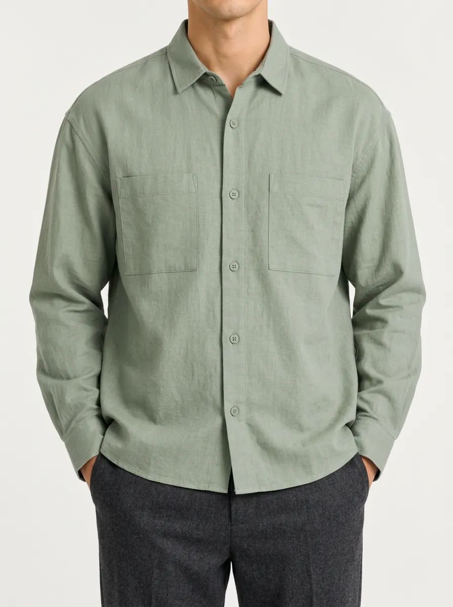 Sage Green Classic Collar Shirt with Button Front Detail