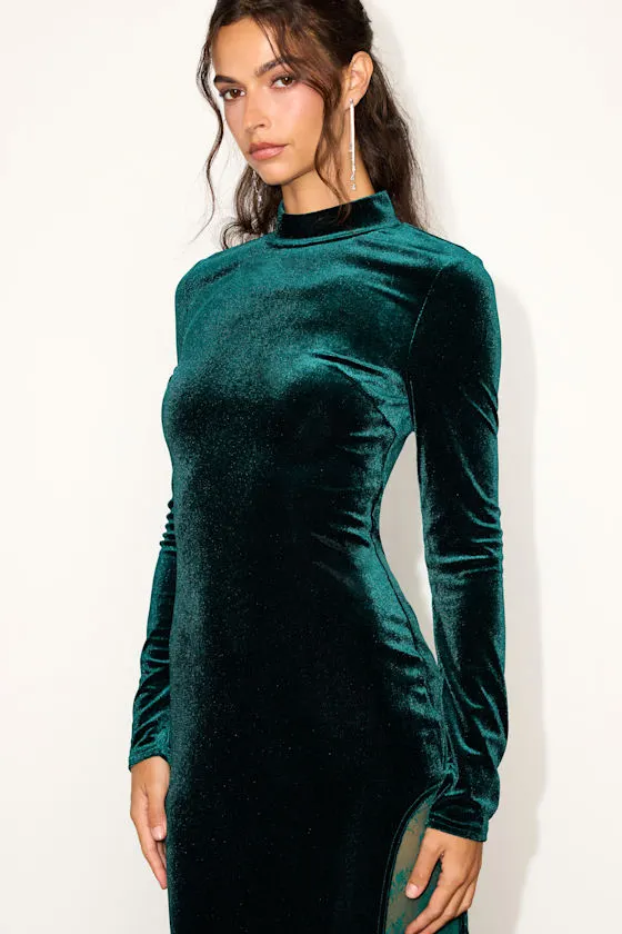 Eloquent Drama Red Velvet Mock Neck Midi Dress