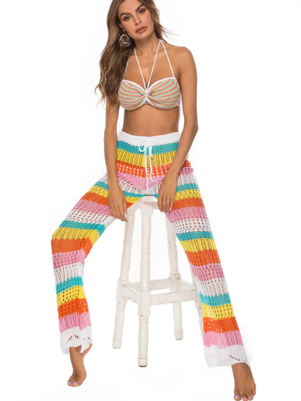 Panel Detail Contrast High Waist Pants Swimsuit