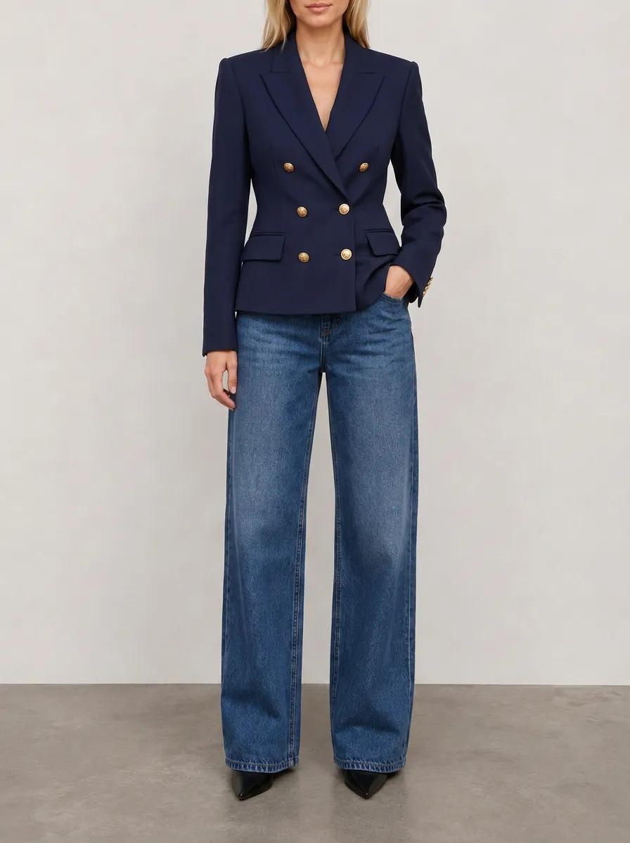 Women's Navy Blue Gold Button Double Breasted Blazer Jacket