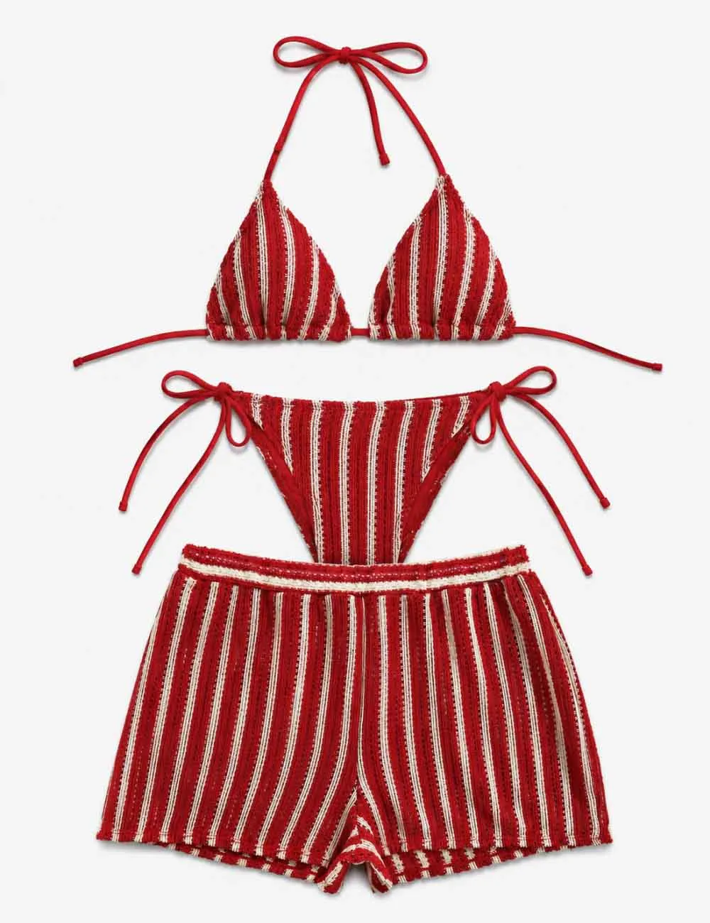Crochet Triangle Three Piece Bikini Set with Cover Up Shorts