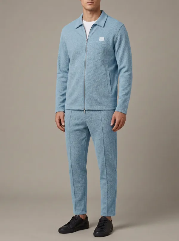 Men's Classic Textured Minimal Polo Collar Jacket and Jogger Pants Set