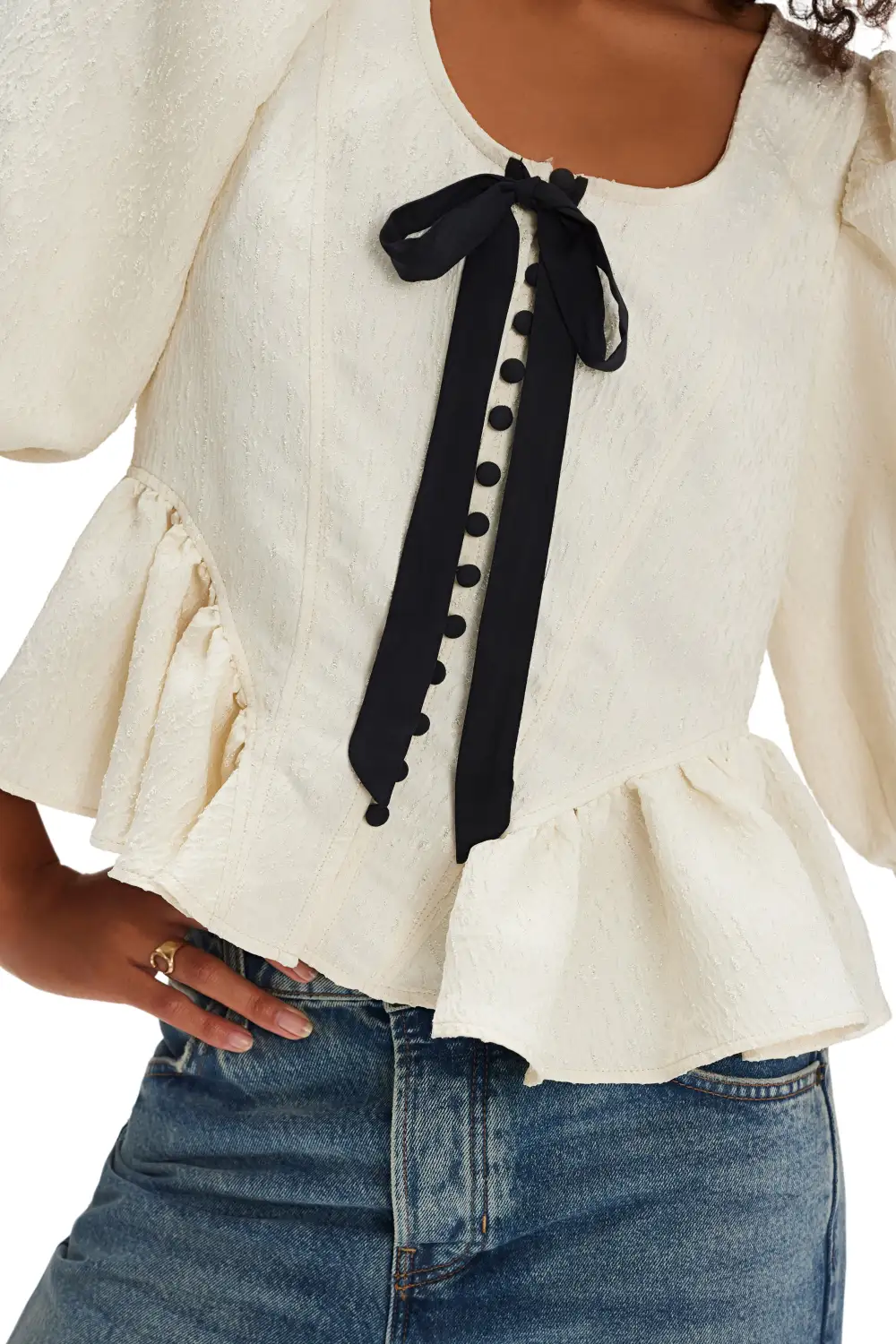 Button Down Bow Tie Ruffle Peplum Shirt