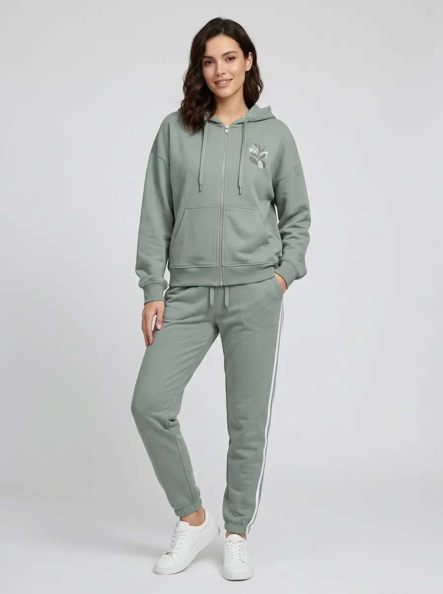 Women's Sage Green Kangaroo Pocket Zip-Up Hoodie Jacket & Jogger Set