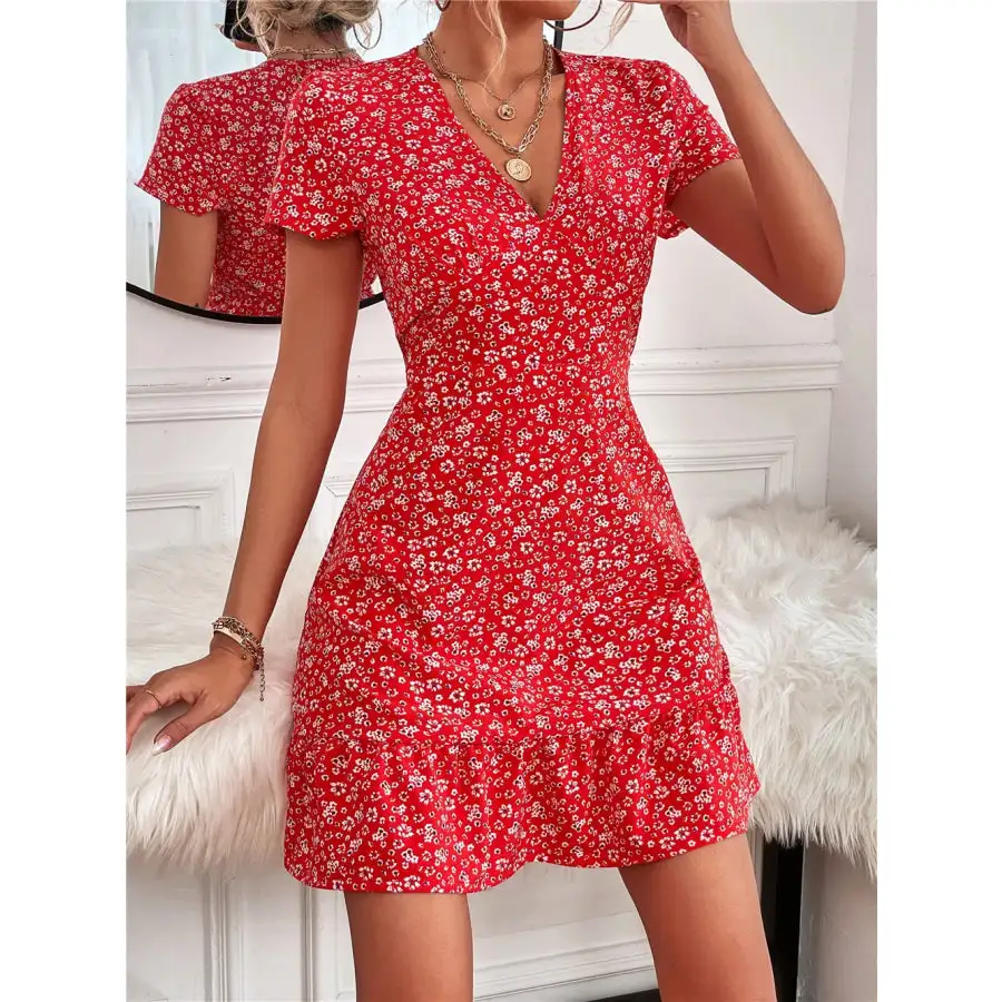 Ruffled Hem V-Neck Short Sleeve Mini Dress