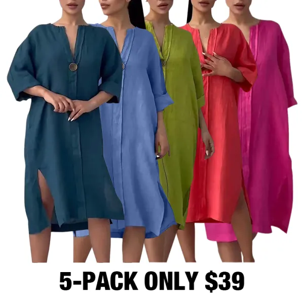 Women'S Solid Color Casual Cotton And Linen Dress-5-PACK