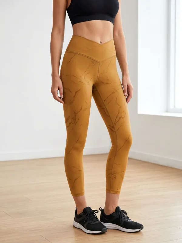 Women's Marble Print Yoga V-Shaped Crossover Waistband Design Yoga Leggings