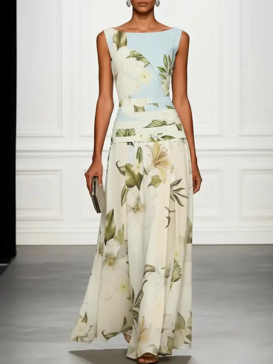 Flower Pleated Neck Maxi Dress