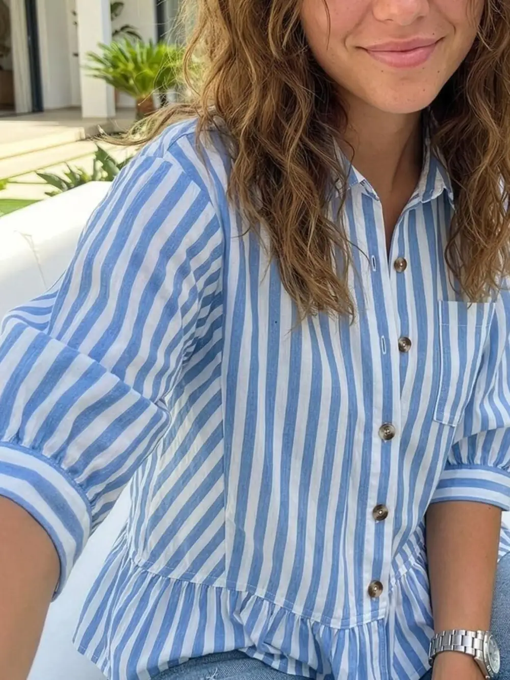Striped Ruffle Hem Button Down Shirt