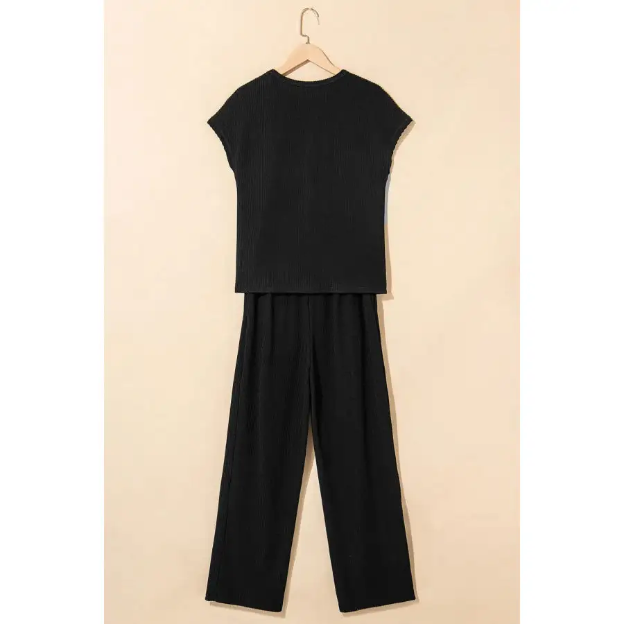 Solid Corded Short Sleeve Top and Casual Pants Set