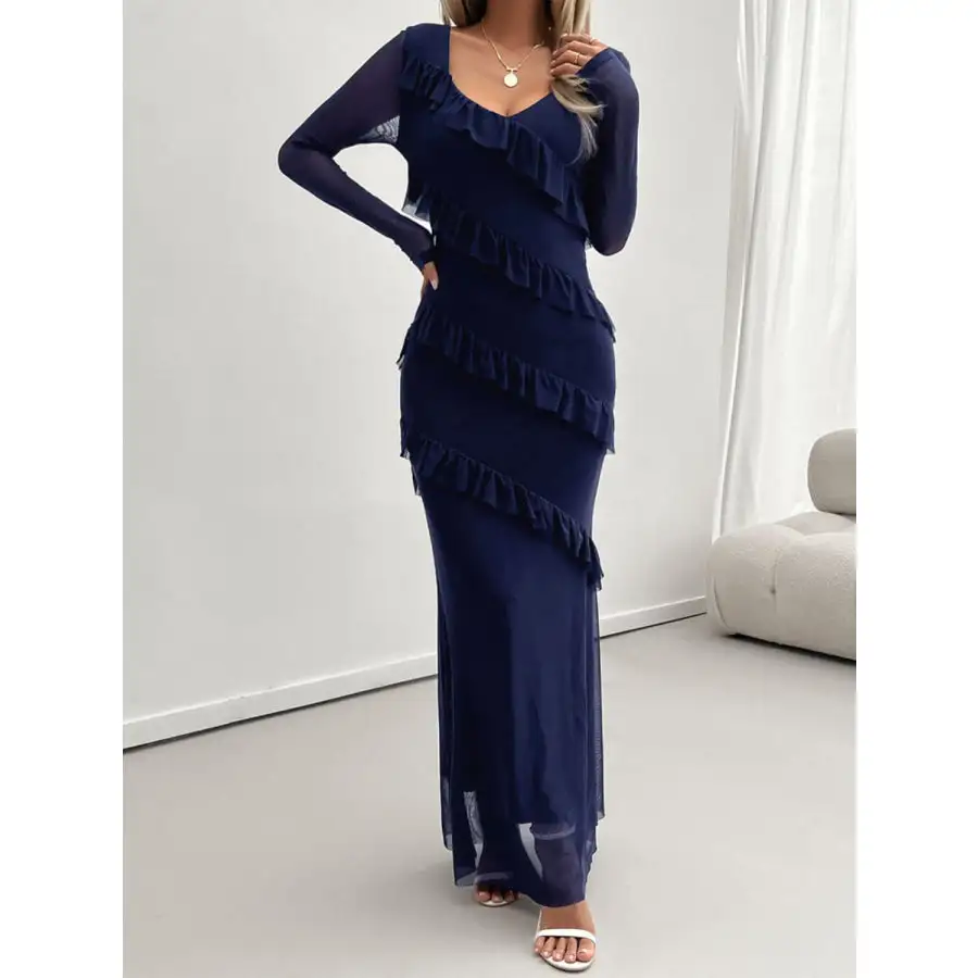 Devine Ruffled Surplice Long Sleeve Maxi Dress