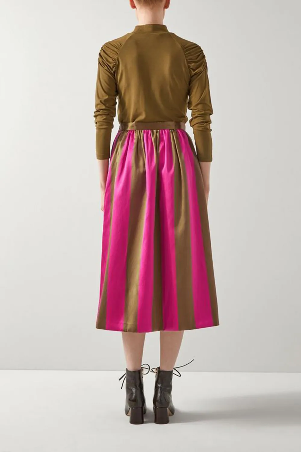 Olive & Magenta Striped Satin Midi Skirt