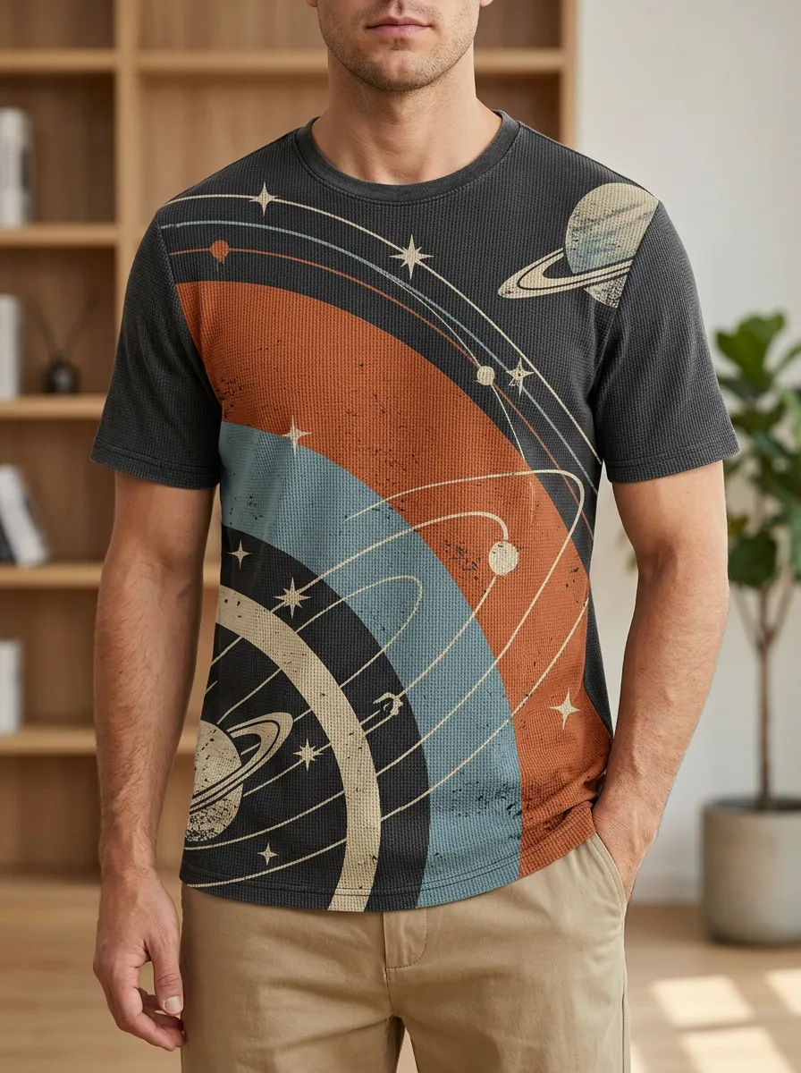 Men's Space Astronomy Lover Retro Planet Crew Neck T-Shirt