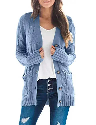 Women's Long Sleeve Cable Knit Sweater Open Front Cardigan Button Loose Outerwear
