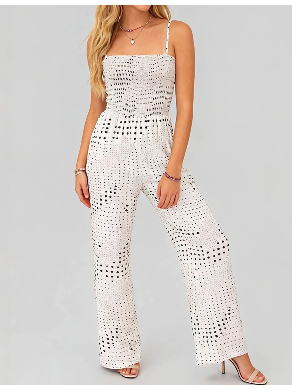 Polka Dot Smocked Bodice Wide Leg Jumpsuit