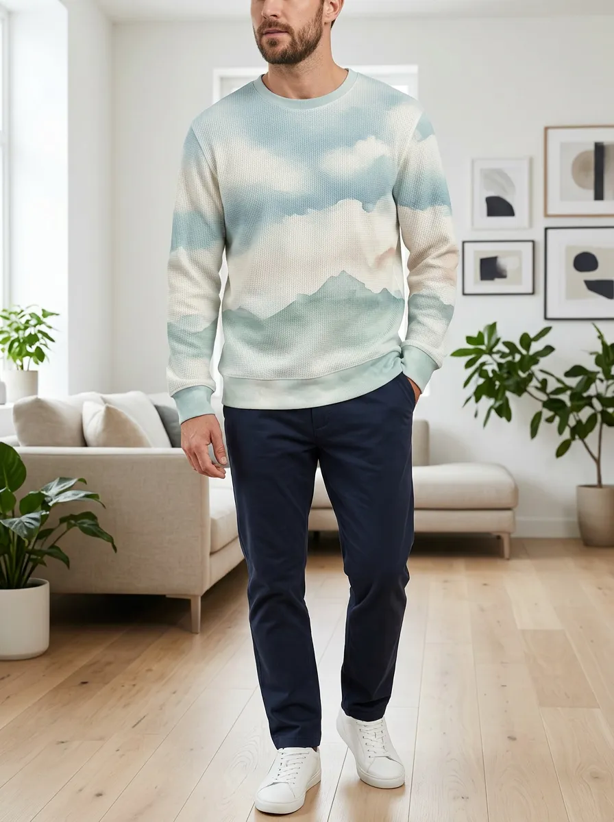 Men's Mountain Landscape Sky Printed Waffle Knit Sweatshirt