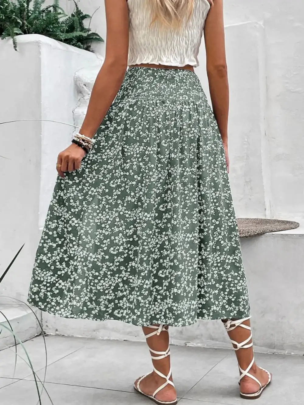 Slit Smocked Printed Skirt