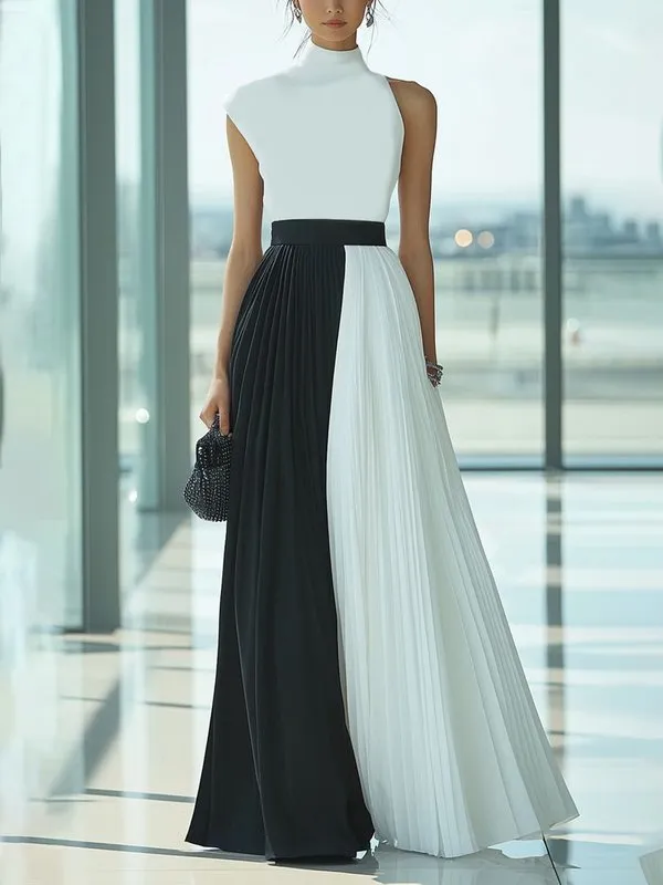 High Loose Pleated Neck Maxi Dress