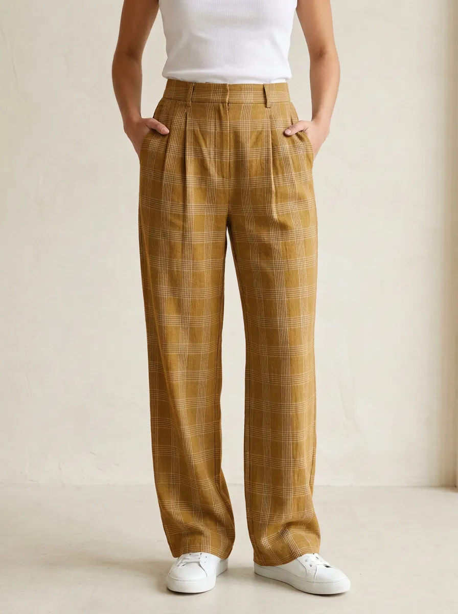 Women's Plaid Pattern Print High-Rise Waist Integrated Belt Loops Pants