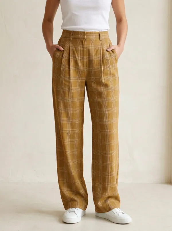 Women's Plaid Pattern Print High-Rise Waist Integrated Belt Loops Pants