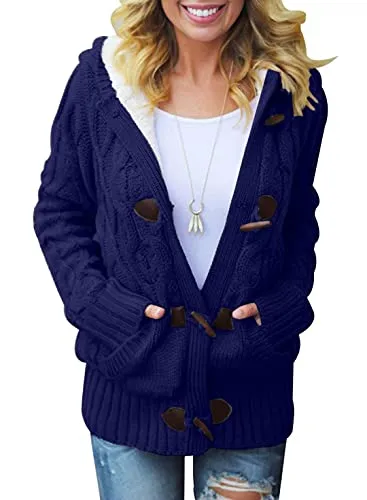 Womens 2025 Winter Hooded Cardigans Button Up Cable Knit Sweater Coat Outerwear with Pockets