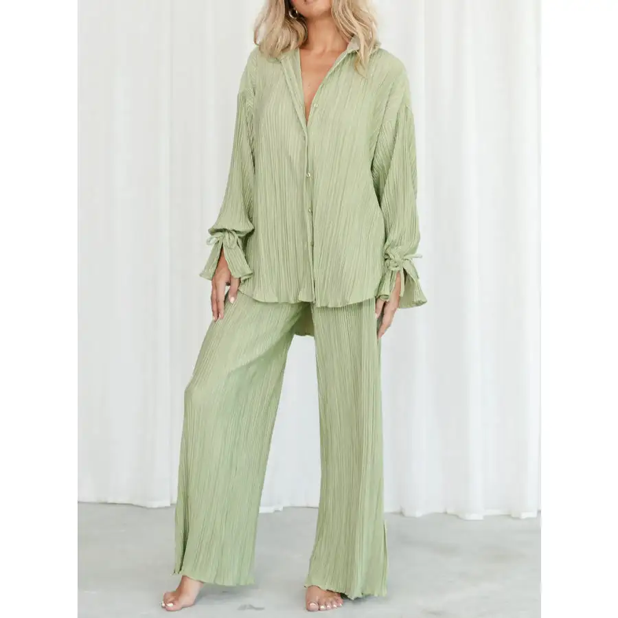 Button Up Long Sleeve Top and Pants Set