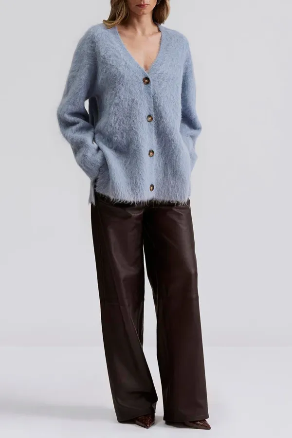Fuzzy V Neck Button Front Cardigan