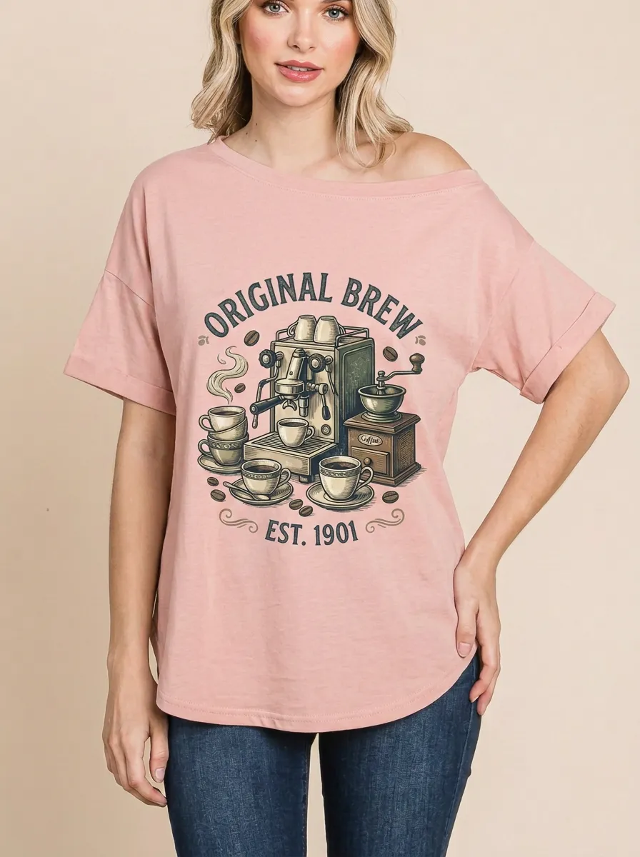 Women's Coffee Original Brew Espresso Machine Graphic Off-Shoulder T-Shirt