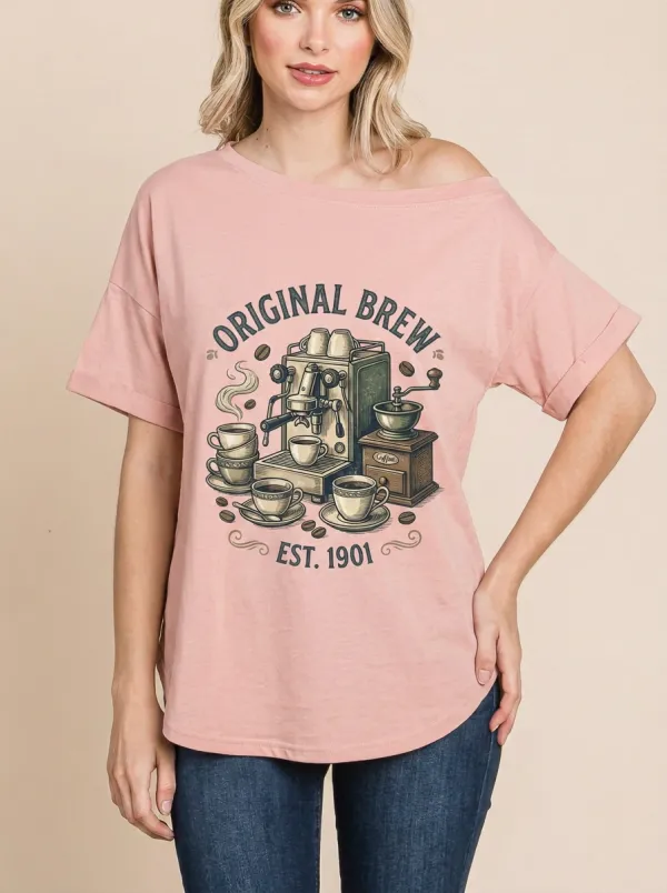 Women's Coffee Original Brew Espresso Machine Graphic Off-Shoulder T-Shirt