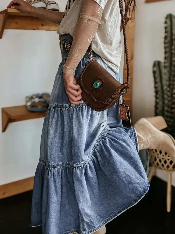 Tiered Button Fly Denim Skirt