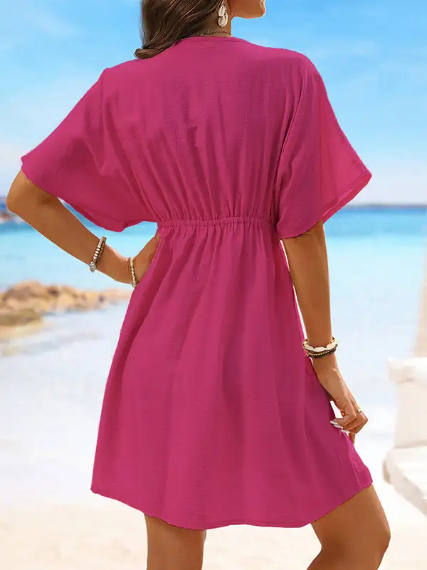 Batwing Sleeve Relaxed Elasticity See Through Split Joint V Neck Mini