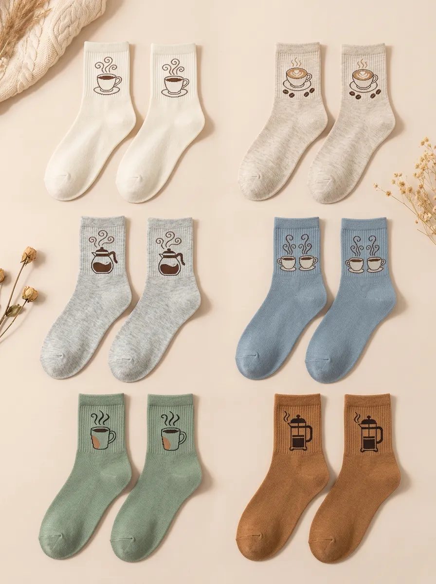 Women's 6-Pair Coffee Motif Crew Sock Set