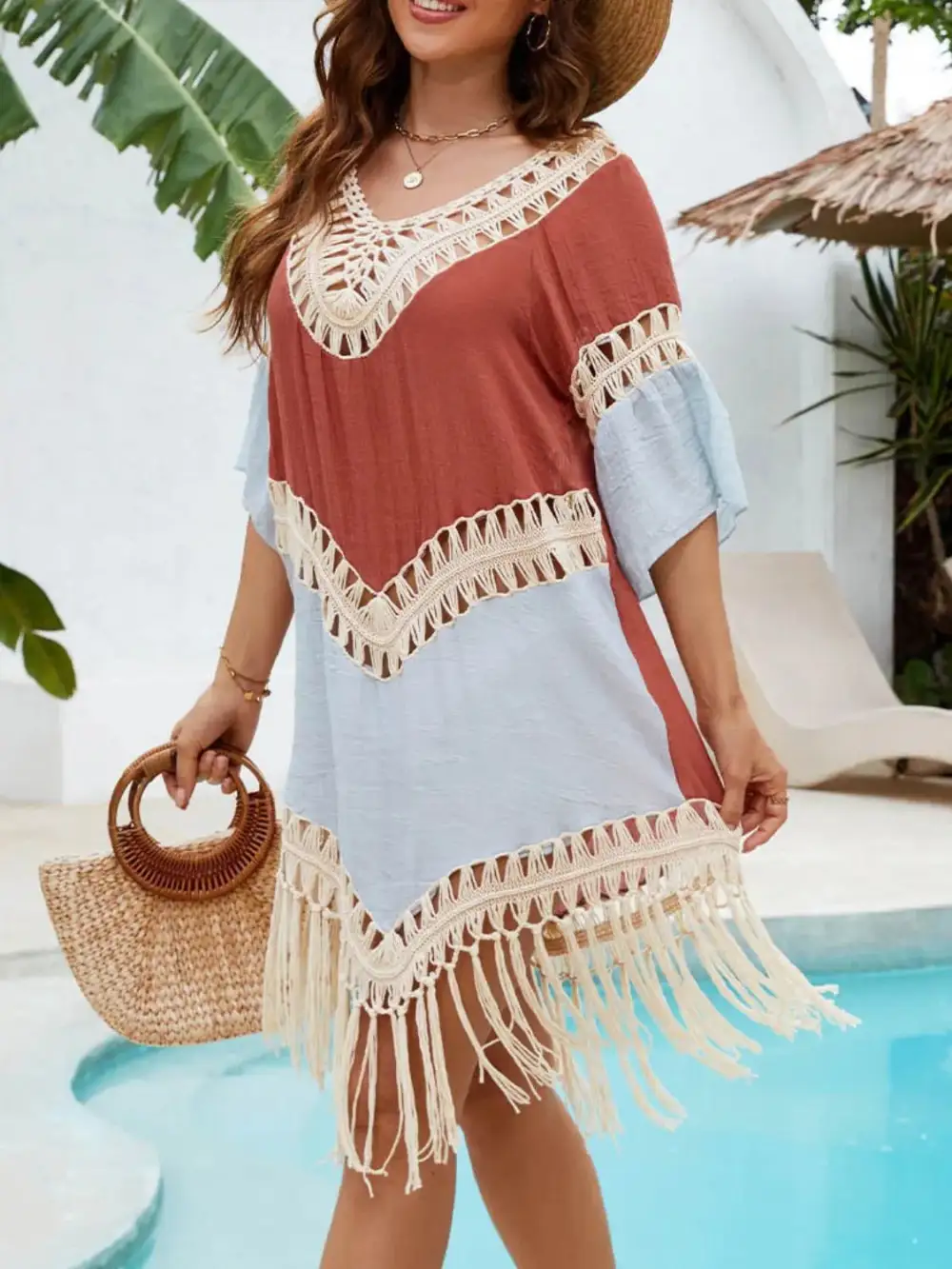 Backless Tassel Hem V Neck Swim Cover Up