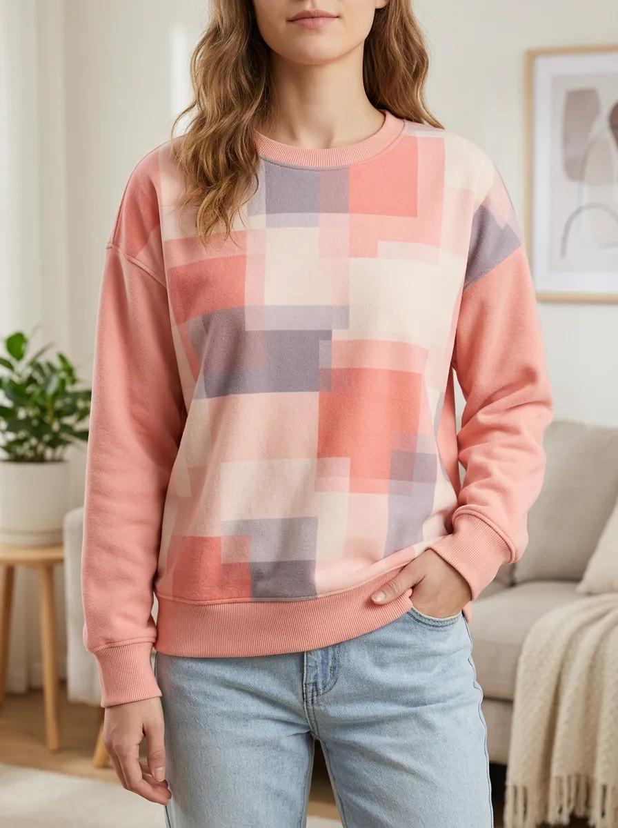 Women's Peach Geometric Print Crewneck Sweatshirt