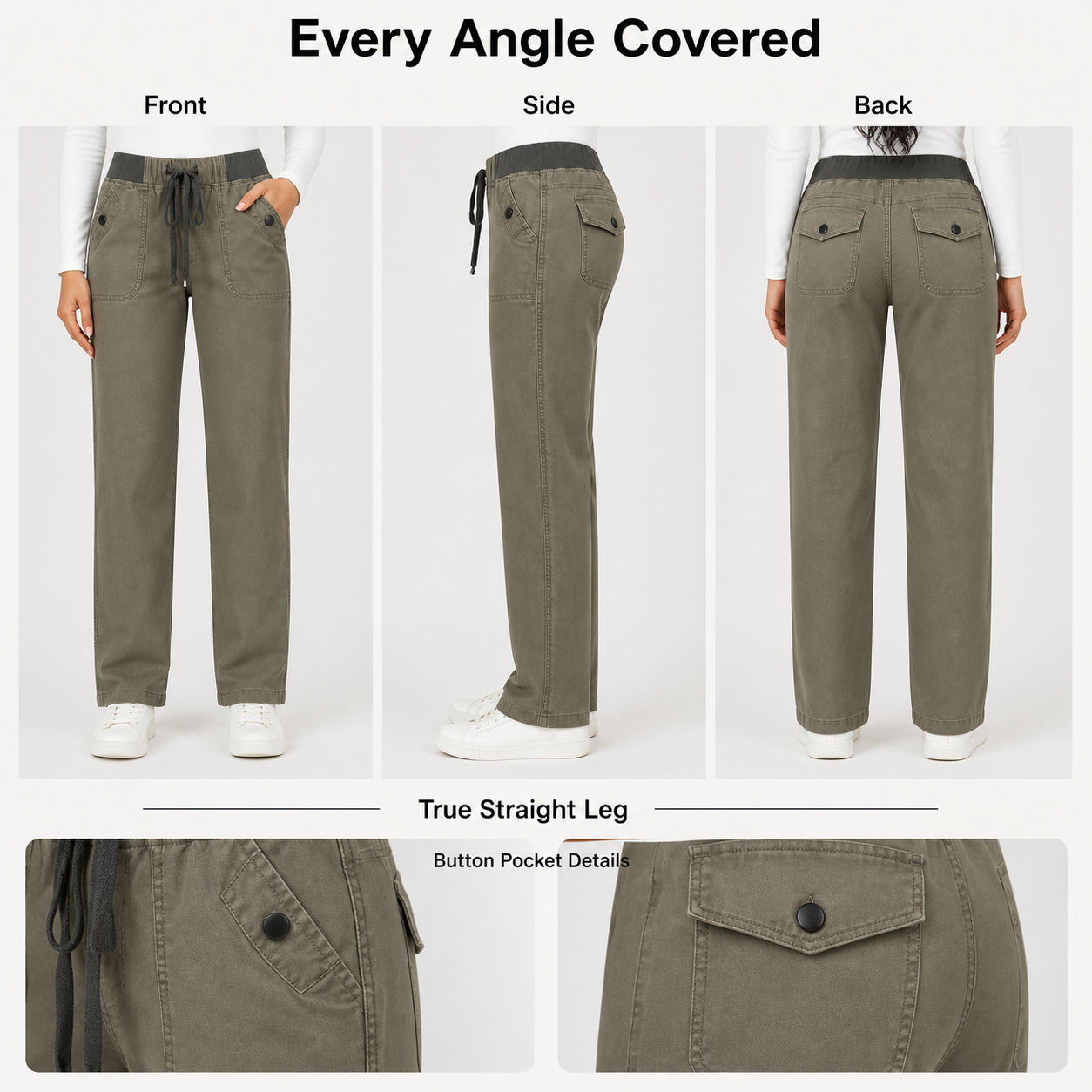 Women's solid seam detail drawstring mid-rise straight-leg pants detail