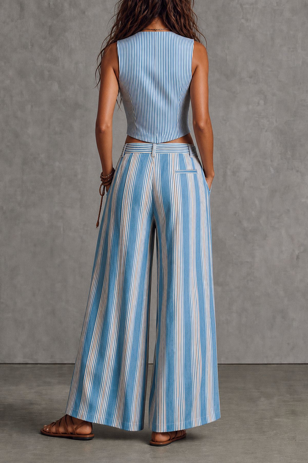 Wide Leg Button Front Striped Matching Pants Set