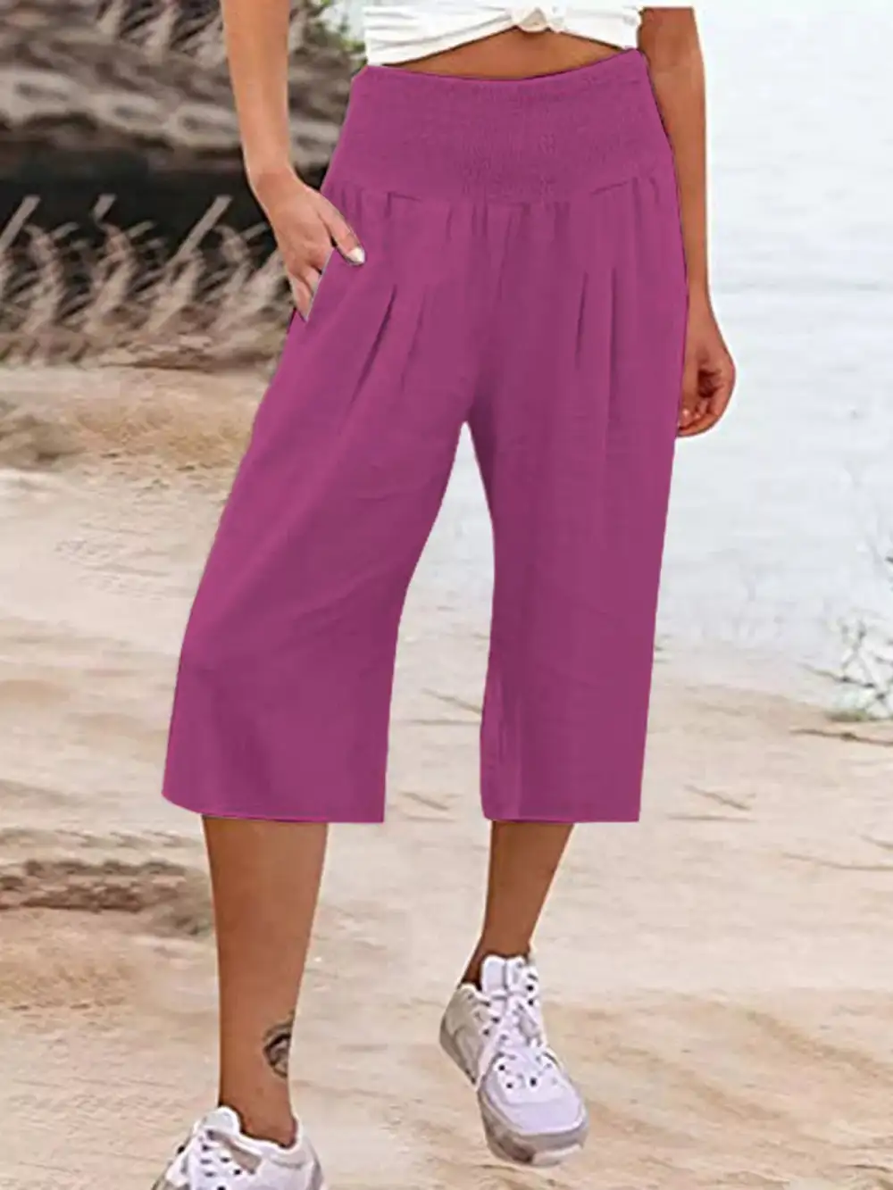 Smocked Wide Leg Capri Pants