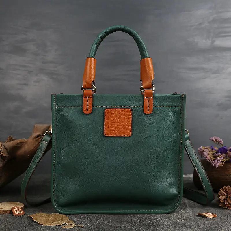 Genuine Cowhide Leather Messenger Bag Vertical Square