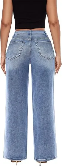 Mid-low Rise Baggy Jeans Stretchy Wide Leg for Women Distressed Pants