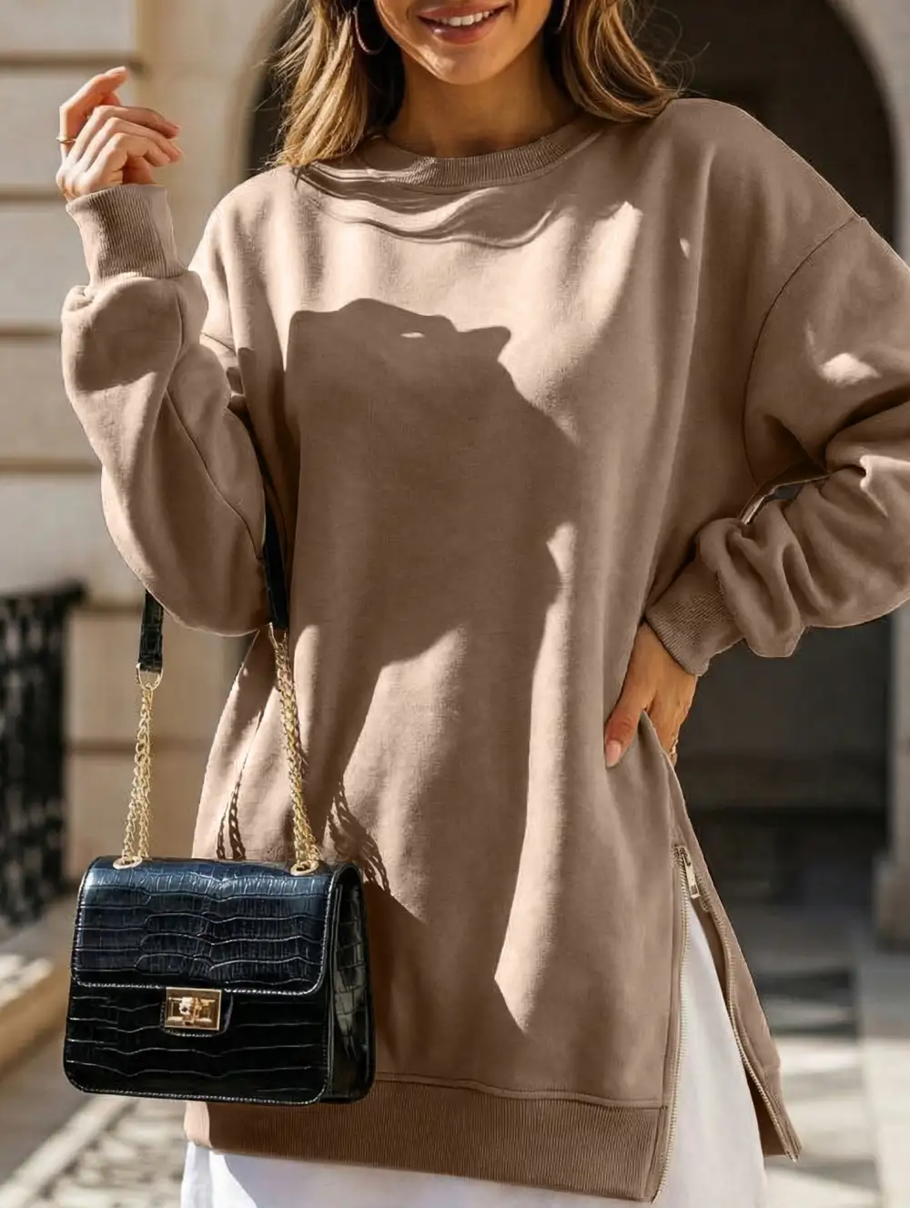 Side Zip Patchwork Pullover Sweatshirt