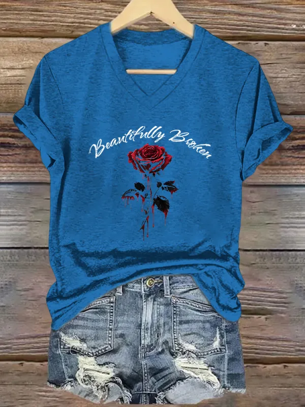 Women's Beautifully Broken Rose V - Neck Tee