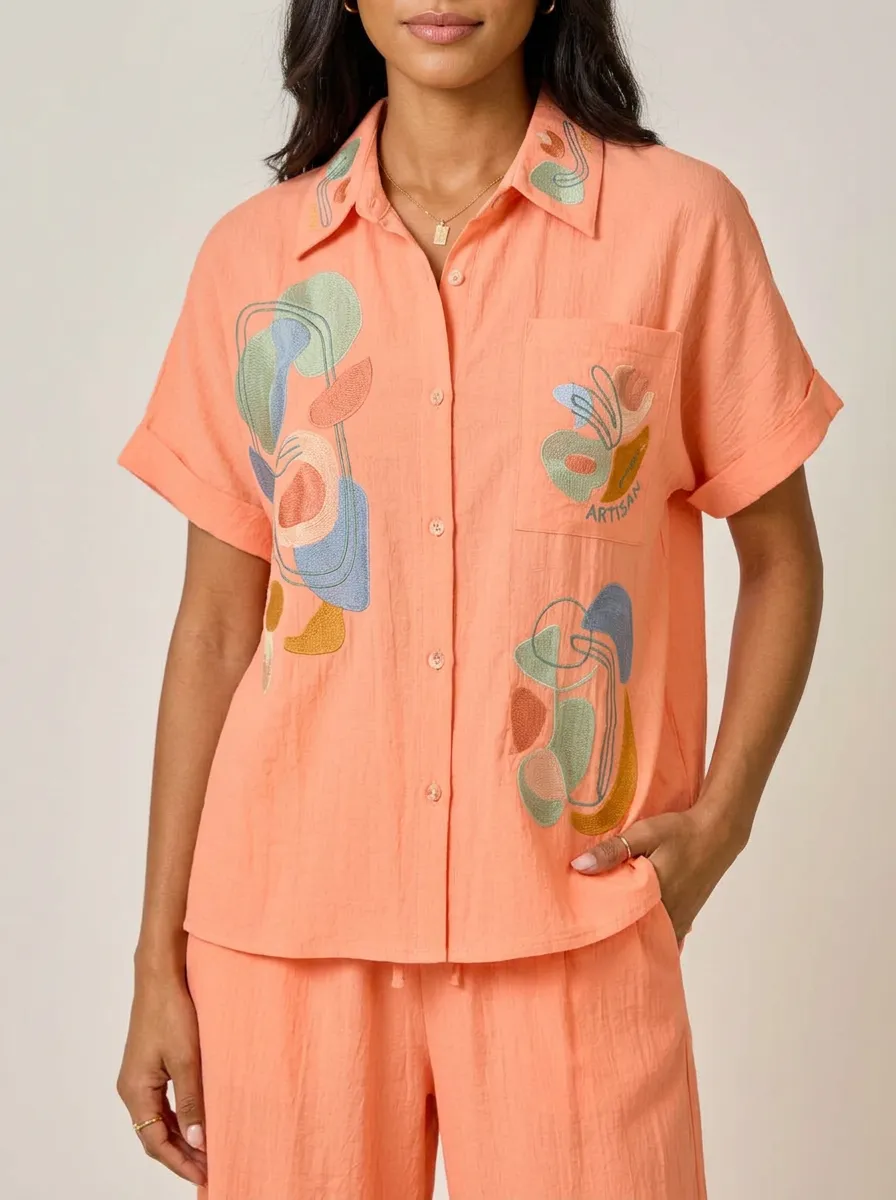 Women's Abstract Artisan Embroidery Peach Printed Shirt