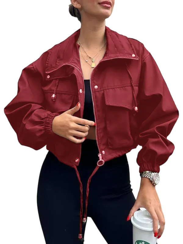 Women's Solid Zip Up Drawstring Hem Jacket, Casual Long Sleeve Collared Outerwear
