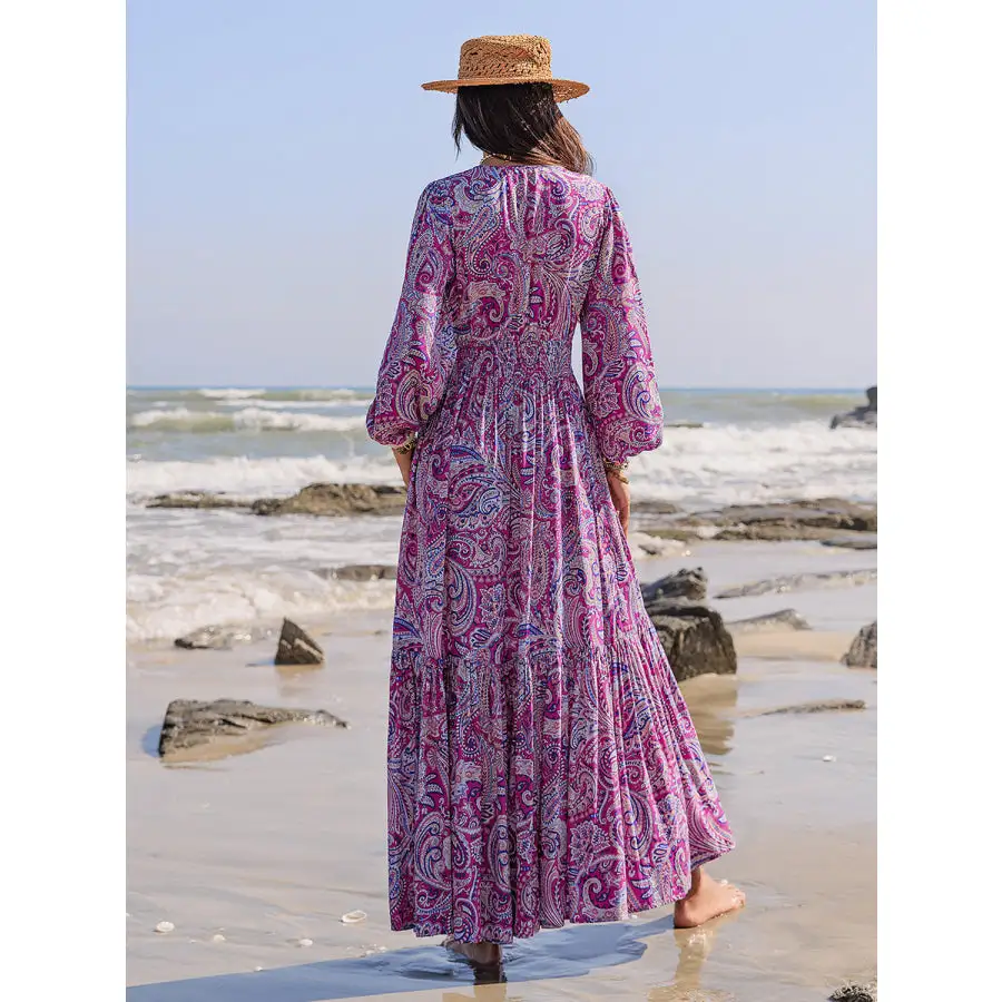 Relaxed Printed Tie Neck Balloon Sleeve Maxi Dress